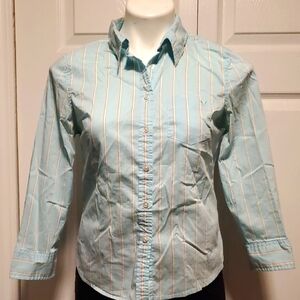 American Eagle Outfitters E Boy Fit Stretch Light Blue Striped Long Sleeve - 8